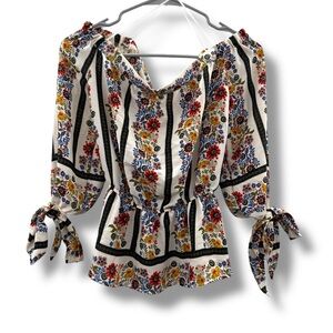 Anthropologie If By Sea White Black‎ Stripe Multicolor Floral Off Shoulder Top S
